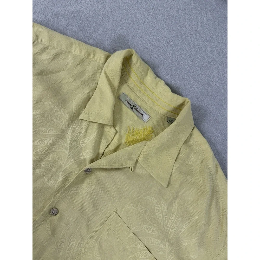 Tommy Bahama 100% Silk Camp Shirt Yellow Tropical Jacquard Button Up XXL Hawaian
